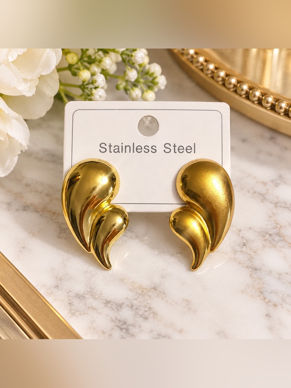 Gold Stainless Steel Sculpted Heart-Style Earrings